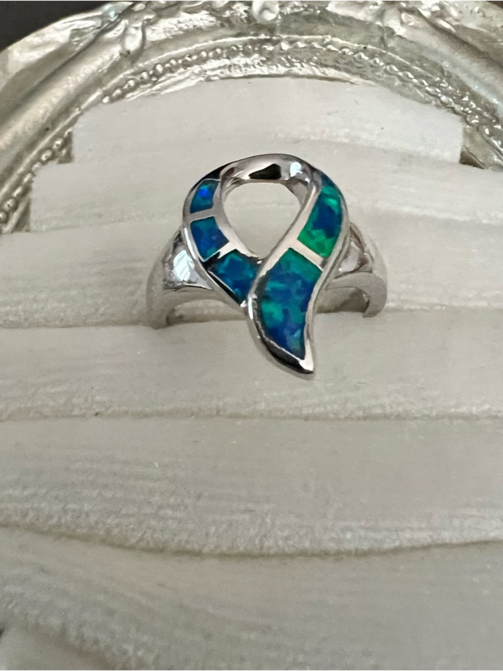 Blue-Green Opal Ribbon Sterling Ring - Women Jewelry